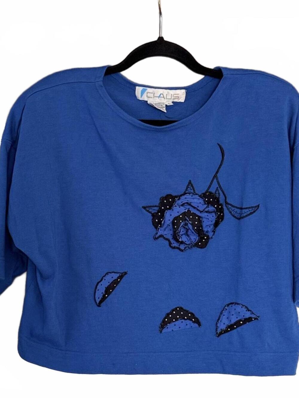 Blue Claus Crop Top Large Floral Appliqué Vintage 90s Boxy Tee L